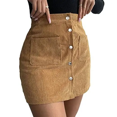 Produktbild: Damen Kordsamt Minirock mit Hoher Taille A-Linie Slim Fit Wickelrock mit Taschen für Winter(S-Ingwer)