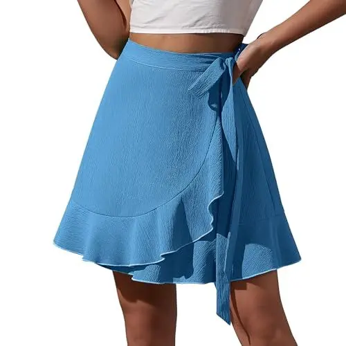 Produktbild: Damen Kurz Wickelrock A-Linie Hohe Taille Rüsche Minirock Einfarbig Krawatte Taille Sommerröcke mit Asymmetrischem Saum Blau M