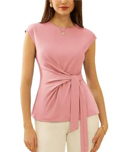 Produktbild: Damen Kurzarm Slim Fit Bluse Plissee-Top Tunika Taillen Wickelbluse Einfarbige Basic Shirt Sommer Oberteile Party Urlaub Hell Rosa M