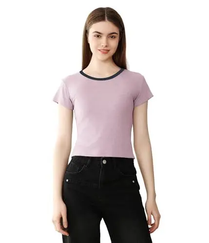 Produktbild: Damen Kurzarm T-Shirt mit Kontrast-Ausschnitt, Basic Rib-Knit Crew Neck, Slim Fit Business Arbeit Top (LY185-Purple, S-M)