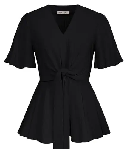 Produktbild: GRACE KARIN Damen Kurze Glockenärmel V-Ausschnitt Oberteile Elegant Tops A-Linie Elastische Taille Casual Shirts Rüschen Bluse Plissierter Stoff Schwarz M