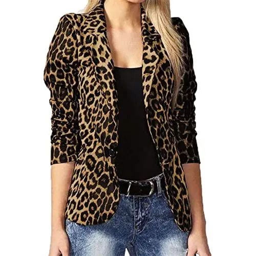 Produktbild: Damen LäSsiger Blazer, Damen Blazer Cardigan Elegant Slim Fit Business Arbeit Anzug Jacke Elegant Dünn Leopardenmuster Blazer Kurzer Blazer Schalkragen Jacke Knöpfe vorne Blazer (braun,S)