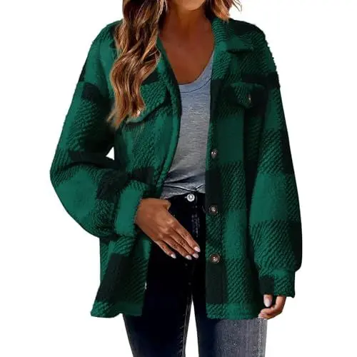 Produktbild: Damen Lässige Karierte Wolljacke mit Print Mantel Warme Winterjacke Button-Down Umlegekragen Langarm Oberbekleidung Flanell Jacke Strickjacke mit Knöpfen Warmer Übergangsjacke Outwear Grün L