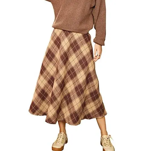 Produktbild: Damen Lang Rock A Line Elegante Casual Winterrock Warm Midi Rock Gitter Hohe Taille Faltenrock Dicker Damenrock für Winter(m-Khaki)
