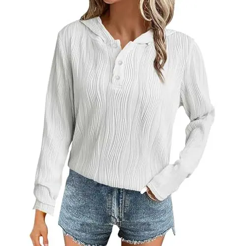 Produktbild: Damen Langarm Strukturierte Hemden Rundhalsausschnitt Casual Trendy Strick Tops Unterhemd Kurzarm Damen (White, M)