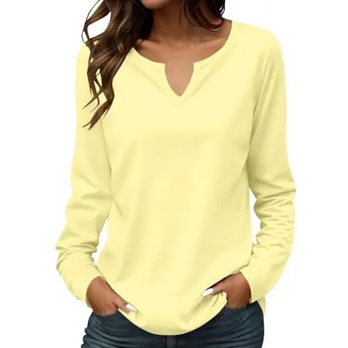 Produktbild: Damen Langarmshirt Bequeme Lässig Elegant Oberteile V-Ausschnitt Langarm Pullover Baumwolle Slim Fit T-Shirt Stretch Casual Basic Top Hemdshirt Basic Hemdbluse Locker Blusen (AA-Yellow, M)