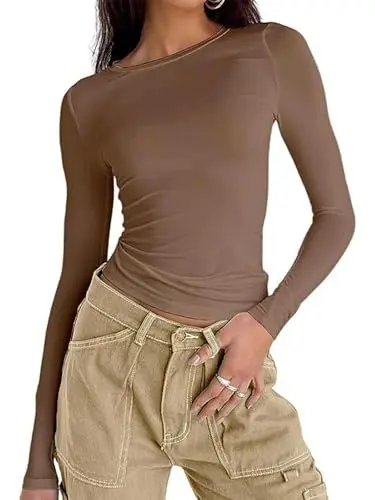 Produktbild: Damen Langarmshirt Elegant Oberteil Y2k Fashion Crop Top Sexy Langarm T-Shirt Bluse Aesthetic Clothes(Braun,S)