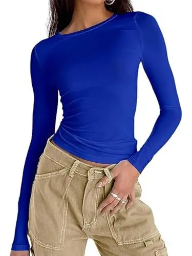 Produktbild: Damen Langarmshirt Elegant Oberteil Y2k Fashion Crop Top Sexy Langarm T-Shirt Bluse Aesthetic Clothes(Marineblau,S)