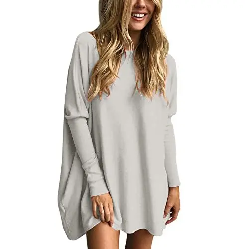 Produktbild: Damen Langarmshirt Frauen Casual Sweatshirt Damen Ohne Kapuze Langer Saum Party Pullover Damen Frühling Bluse Slim Sweater Knielangen Poncho Longshirt Damen Lässig für Leggings(A1-Grey,S)