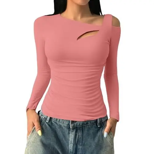 Produktbild: Damen Langarmshirt Gerippt Stretch Pullover Asymmetrischer Ausschnitt Langarm Oberteile Sexy Enge Tops Casual Basic Tops Slim Fit Lässig T Shirt Kurzarm Baumwolle Tee Top