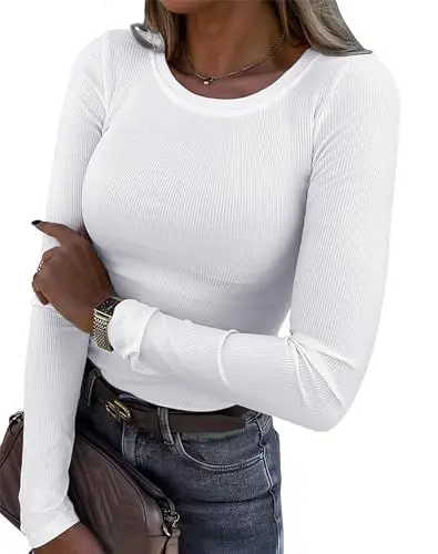 Produktbild: Damen Langarmshirt Rundhals Slim Fit Rippstrick Oberteil - Langarm Basic Tee Shirt Y2K T-Shirt Crop Tops Weiß XS