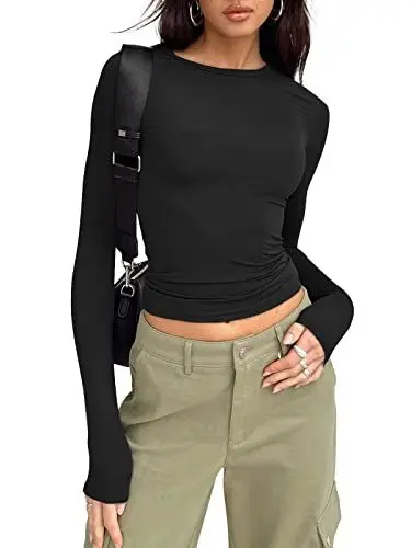 Produktbild: Damen Langarmshirt Slim Fit Y2K Oberteile Langarm Cropped Tee Shirt Rundhals Tunika Top Basic Crop Top Casual Streetwear Sweatshirts
