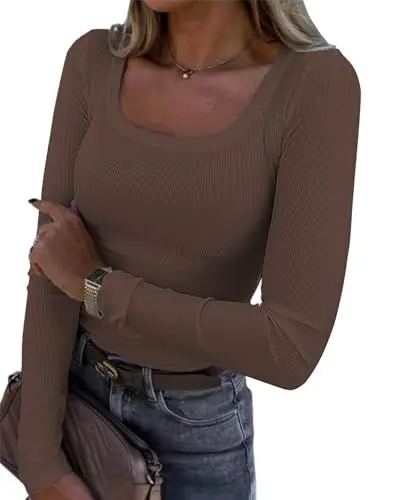 Produktbild: Damen Langarmshirt U-Ausschnitt Slim Fit Rippstrick Oberteil - Langarm Basic Tee Shirt Y2K T-Shirt Crop Tops Kaffee L