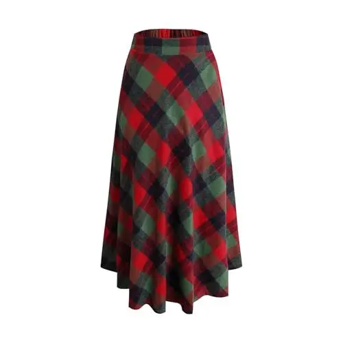 Produktbild: Damen Lange Rock Elegant Hohe Taille Winterrock Wollrock A-Linie Maxirock Elastische Taille Faltenrock Retro Röcke Grün -L