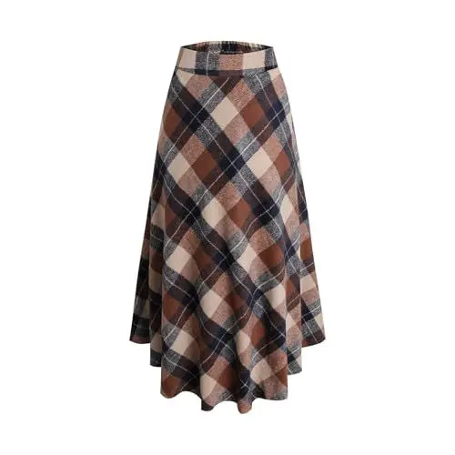 Produktbild: Damen Lange Rock Elegant Hohe Taille Winterrock Wollrock A-Linie Maxirock Elastische Taille Faltenrock Retro Röcke Khaki -L