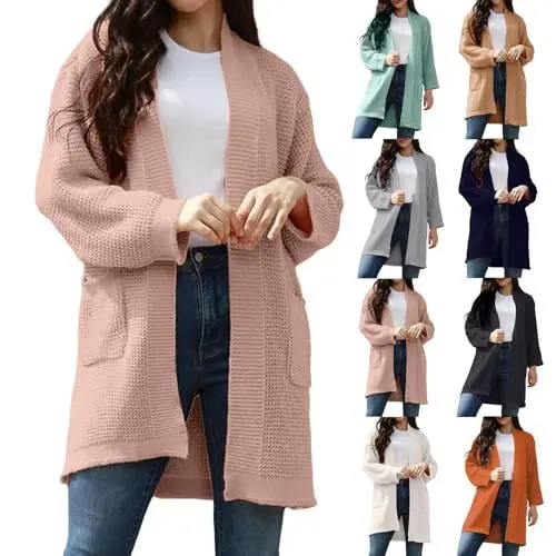 Produktbild: Damen Lange Strickjacke Classic Elegant Open Front Long Cardigan Damen Strick Cardigan Strickweste Langarm Taschen Pullover Strickjacke Lange Damen(Rosa,XXL)