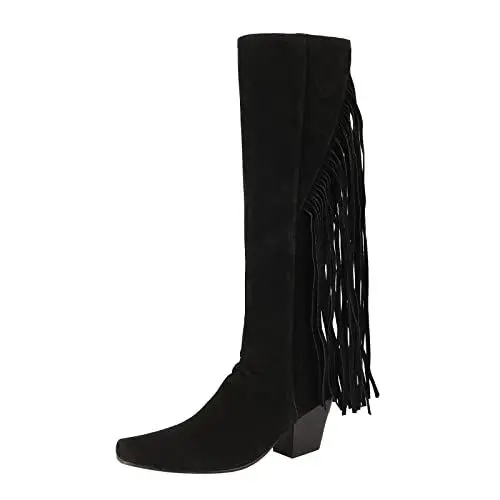 Produktbild: Damen Langschaftstiefel Damen einfache modische eckige Ferse eckige Zehe einfarbige Fransen mittelhohe Stiefel Schwarz 40 (Black 37)