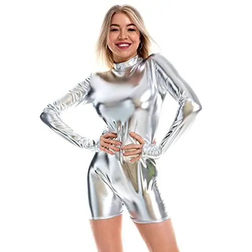 Produktbild: Damen Leder Lack Langarm Body Catsuit Wetlook Gymnastikanzug Top Ballett Trikot Turnanzug Ballettanzug Ballettkleidung Gl�nzende Metallic Oberteile Kost�m Einteiler Sport Ballettbody A#Silber M