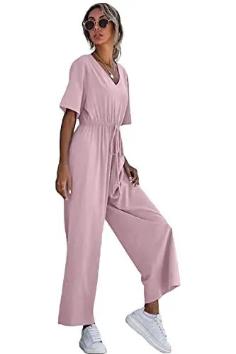 Produktbild: Damen Leichter Sommer Jumpsuit Lockeres Design Biker Fashion Latzhose Combi Halbarm Hosenanzug, Farben:Rosa, Größe:44