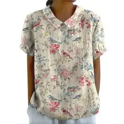 Produktbild: T Shirt Damen Grün Sale Leinenbluse Damen Art Floral Rundhals Lose Pullover Top Freizeithemd T-Shirt Tshirt Damen Rundhals 2024 Button-Down Kurzarm, Sommer Herbst Dufte Damen Pullover Sale Angebote