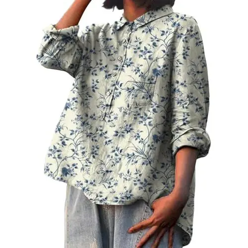 Produktbild: Damen Leinenbluse Musselin Bluse Damen Leinenbluse Schlichtes Große Größen Langes Lässiges Langarmhemd aus Baumwolle Leinen Blumenmuster für Damen Bluse Ärmellos Damen(A1-Beige,XXL)