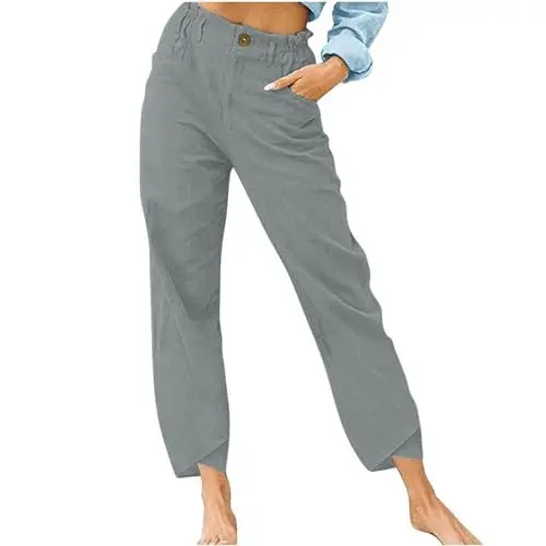 Produktbild: Damen Leinenhose Sommer Skinny Stoffhose Einfarbig Mode Jogginghose High Waist Cargohose Straight Bein Freizeithose Blickdicht Lässiges Haremshose Leicht Business Bequem Wanderhose