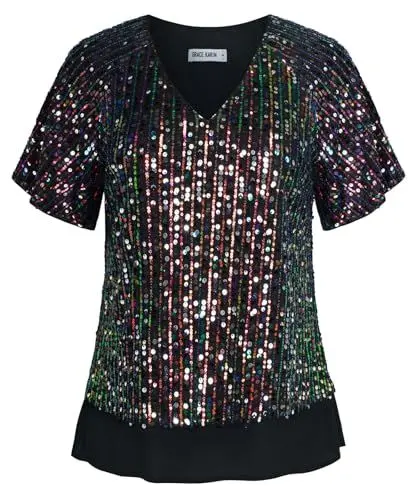 Produktbild: Damen Locker Bequemes Übergröße Oberteil Festlich Kurze Glockenärmel Shirt V-Ausschnitt A-Linie Tops Buntes Schwarz M