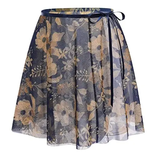 Produktbild: Damen M?dchen Ballettrock Wickelrock Blumenmuster Mesh Tanz Rock Verstellbare Taille Krawatten Gymnastik R?cke Prinzessin Minirock Tanzbekleidung Tanzr?cke Dancewear Party Kost?m Dunkelblau S-M