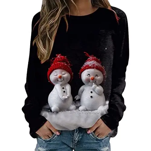 Produktbild: Damen Merry Christmas Print Sweatshirt O-Ausschnitt Langarm Pullover Lässiges Trainingshemd Weihnachtsmode Frauen Oberteil (Red, XXL)