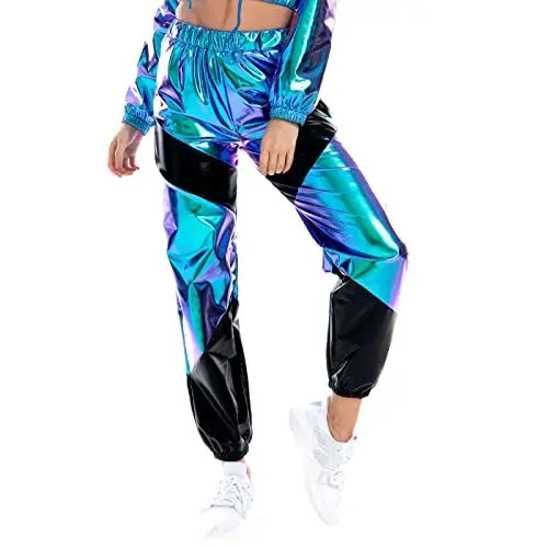 Produktbild: Damen Metallic Hose Glitzer Wetlook Cargohose Sporthose 80er 90er Jahre Kleidung Outfit Hologramm Hip Hop Leggings Jogginghose Sweathose Tanzhosen Party Disco Festival Rave Clubwear Blau Schwarz XXL