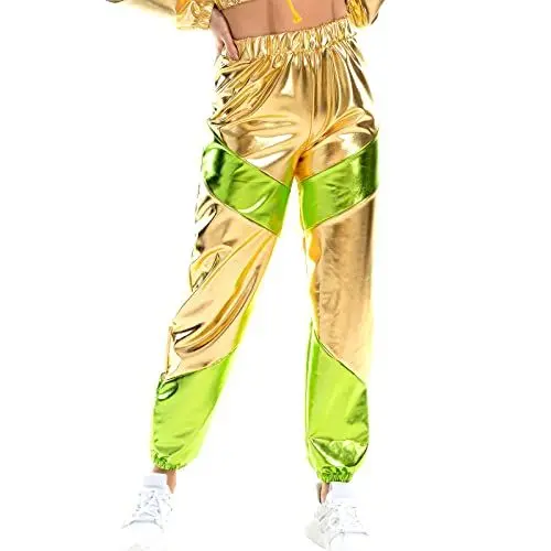 Produktbild: Damen Metallic Hose Glitzer Wetlook Cargohose Sporthose 80er 90er Jahre Kleidung Outfit Hologramm Hip Hop Leggings Jogginghose Sweathose Tanzhosen Party Disco Festival Rave Clubwear Golden Grün XL