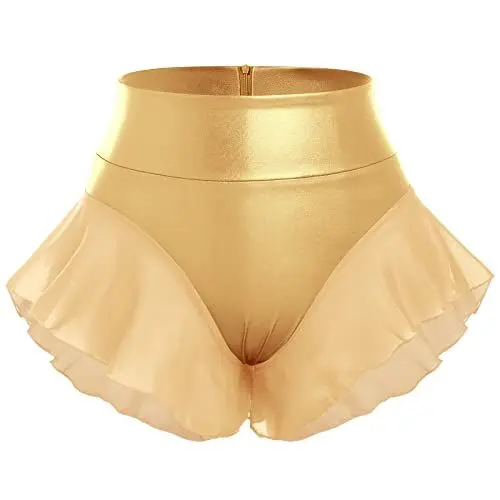 Produktbild: Damen Metallisch Hotpants Glänzende Mini Short Frauen Sexy Glitter Rüschen Rock mit hoher Taille Kurze Hose Wetlook für Tanz Disco Kostüm Fasching Karneval Festival Rave Outfit für Mädchen Gold L