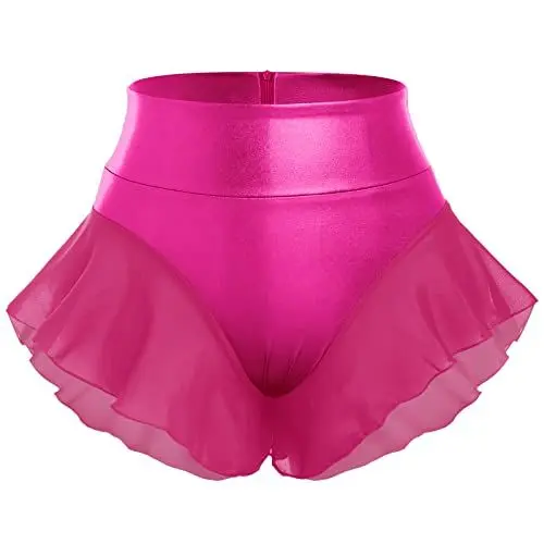 Produktbild: Damen Metallisch Hotpants Glänzende Mini Short Frauen Sexy Glitter Rüschen Rock mit hoher Taille Kurze Hose Wetlook für Tanz Sport Disco Kostüm Fasching Karneval Festival Rave Outfit Rose M