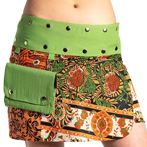 Produktbild: Damen Minirock aus Indien mit Tasche und 2 Mustern zum Wenden, Sommerrock kurz, Wenderock, Wickelrock Goa Gypsy Hüftschmeichler Rock - mit 18 Nieten Druckknöpfen, flexibel, Grün