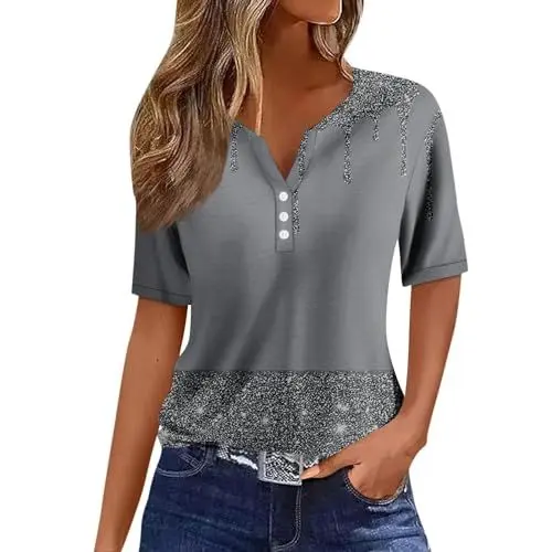 Produktbild: Damen Basic Kurzarm V Ausschnitt T Shirt Elegant Locker Button Tops Mode Bunte Drucken Oberteile Sommer Freizeit Strand Shirts M