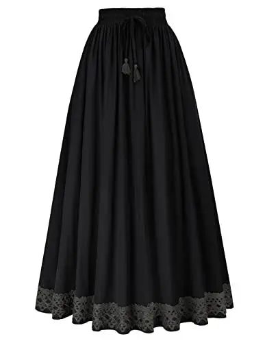 Produktbild: Damen Mittelalter Maxirock Mit Spitzensaum Elegante Röcke Renaissance Sommer Rock Schwarz M
