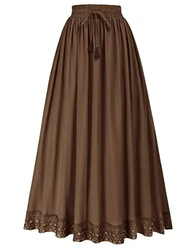 Produktbild: Damen Mittelalter Rock Hohe Taille mit Kordelzug Elegante Festliche Lange Maxirock Kaffee L