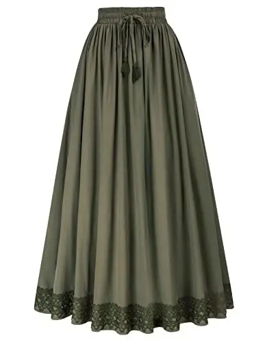 Produktbild: Damen Mittelalter Rock Hoher Taille mit Tasche mit Spitzensaum Elegant Gothic Rock Armeegrün XL