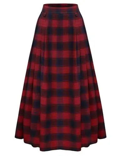 Produktbild: Damen Mittelalter Rock Plaid Elastische Taille A-Linie Festlich Langer Rock Rot Blau L