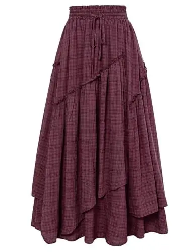 Produktbild: SCARLET DARKNESS Damen Mittelalter Rock UnregelmäÃŸiger Saum Patchwork A-Linie Festlicher Maxirock Rotwein Kariert M
