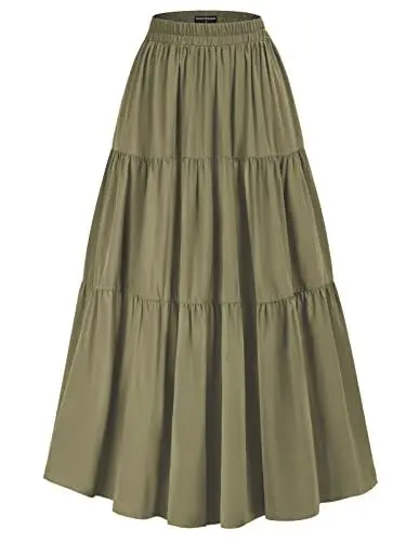 Produktbild: Retro Röcke Damen A-Linie Gestufter Eleganter Rock Elastische Hohe Taille Langer Rock Armeegrün XL
