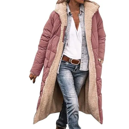 Produktbild: Damen Outfit Winterjacke Damen Warm GefüTtert Modischer Warmer Wintermantel für Damen, doppelseitig, langärmelig, Daunenjacke mit Kapuze Boucle Jacke Damen Softshelljacke FüR Damen (Red, L)