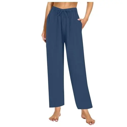 Produktbild: Leinenhose Damen - Sommer Musselin Hosen Leicht Stoffhose Einfarbig Freizeithose Gerade Geschnitten Hose Schlupfhose Sommerhose mit Taschen Damen Leicht Lang 001 Sf_Marine, M
