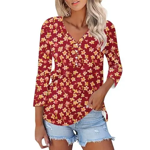 Produktbild: Damen Modisches Hemd mit V-Ausschnitt, 3/4-Ärmel, Knopfleiste, lässig, sexy Bluse mit Blumendruck Sommerkleid Damen Mit Ärmel (Red-7, L)