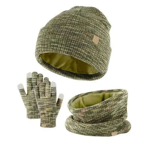Produktbild: Damen Mütze Schal Handschuhe Set Winterhandschuhe Dicke Beanie Mütze Wärmer Lange Strickmütze mit Bommel Fleece Gefütterte Outdoor Sport Geschenk für Frauen