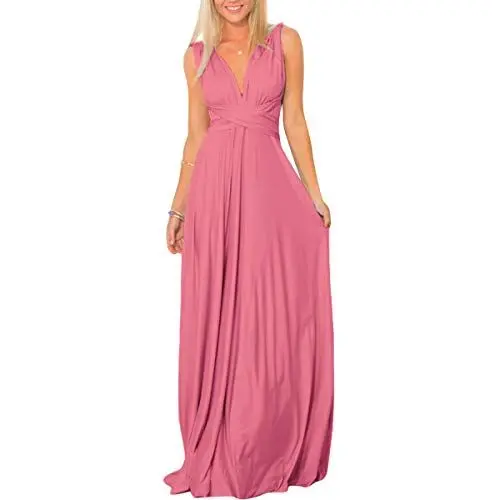 Produktbild: Damen Multiway Langes Abendkleid Hochzeit Brautjungfernkleid Bodenlang Party Cocktailkleid Cabrio Wickelkleid V-Ausschnitt Festkleid Rückenfrei Neckholder Maxikleid Sommer Strandkleid Dunkelrosa M