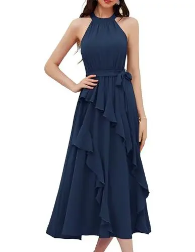Produktbild: GRACE KARIN Damen Elegant Tunika Kleid Ärmellos Slim Fit Freizeitkleid Sommer Boho Midikleid Hohe Taille mit Gürtel Strandkleid Hochzeit Dunkelblau M