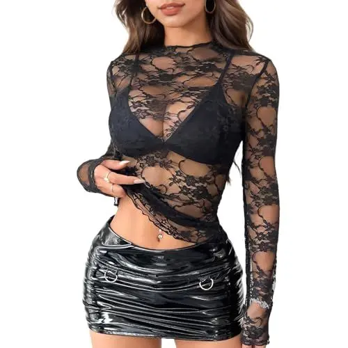 Produktbild: Damen Netzoberteil Damen Netzoberteil Spitzen Blumenstickerei, Sheer Mesh Bluse Transparentes Shirt Schwarz, Leichtes Durchsichtige T-Shirt Netz Top Clubwear Halloween Party