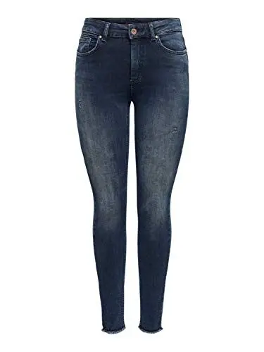 Produktbild: Damen ONLY Skinny Fit Ankle Jeans | Stretch Denim Hose Fransen am Saum | ONLBLUSH Cropped Röhrenjeans, Farben:Dunkelblau, Größe:M / 32L