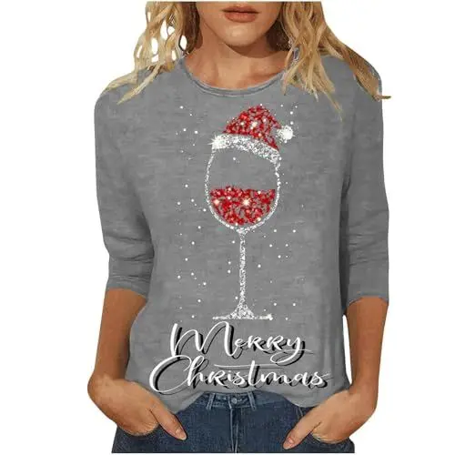 Produktbild: Damen Oberteil Autumn Christmas Shirts for Women 2024 Red Wine Glass Graphic 3/4 Sleeve Tops Crewneck Pullover Blouse Cotton Tunic Tshirt Damen Tshirt Blau (Grey, S)